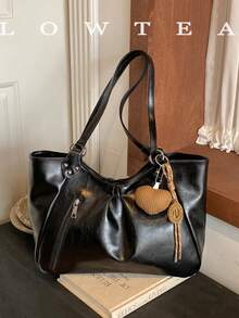 low tea 1pc Minimalist Fashion PU Fabric Shoulder Tote Bag, Suitable For Commuting, Shopping, Etc. (With Pendant) - Black - View 12