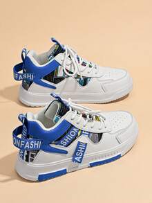 Men's Random Print Pattern Patchwork Atmosphere Ribbon High-Top Sneakers, Fashionable Daily Comfortable Versatile Casual Sports Couple Shoes - White and Blue - View 5