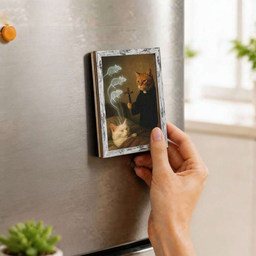 1pc Wooden Photo Frame Refrigerator Magnet - Exorcist Cat Fridge Decoration Magnet, Home Decor! - A - View 1