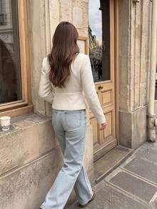 Stand Collar Asymmetric Pearl Button Tweed Cropped Jacket Long Sleeve Elegant Outerwear - Apricot - View 9