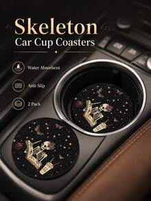 2Pcs Skull Cup Holder Inserts For Car – Anti-Slip Rubber Drink Mats With Absorbent Surface, Waterproof PVC, Spill-Proof, Easy To Clean, Universal Vehicle Interior Accessories, Halloween Gift Decor - A - View 3