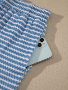 Acelitt Spring/Autumn Casual Striped Print Loose Round Neck Top And Shorts Set, Soft Knit, Suitable For Daily Home Wear - Sky Blue - View 8