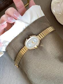 1件女款金白色錶盤石英手錶，精緻混色刻度，可調節金色錶帶，適合日常佩戴 - 金色 - 查看 2