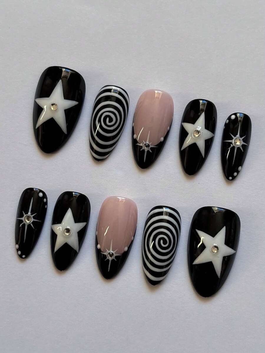30pcs Short Almond Shape French Press-On Nails, Line And Star Pattern Design, Decorated With Rhinestones, Set Includes: 1pc Jelly Glue And 1pc Nail File. - Multicolor - View 1