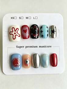10pcs Pure Handmade Short Square Multicolor Press On Nails, Y2k Vintage Cool Style, Star & Heart Print, Flame And Silver Metallic Patterns For Women And Girl, Spring Summer Fall Winter Festivals Party And Daily Life Use - Multicolor - View 1