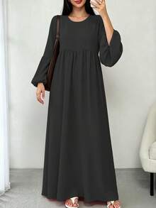 Solid Color Loose Fit Pleated Abaya, Bell Sleeve Round Neck Elegant Islamic Long Dress, Suitable For Middle Eastern Women's Daily Home Wear - Multicolor - View 22