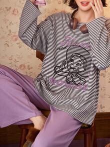 Gongdie 2 Pieces Disney Women's Pajama Set,Fall Gray Striped Soft Cotton Loungewear With Pocket - Grey - View 1