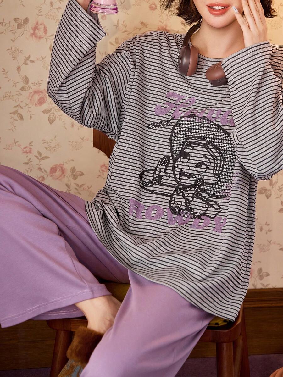 Gongdie 2 Pieces Disney Women's Pajama Set,Fall Gray Striped Soft Cotton Loungewear With Pocket - Grey - View 1