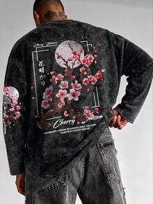男士春秋時尚百搭極簡梅花樹標語印花圓領仿水洗長袖T恤 - 黑色 - 查看 2