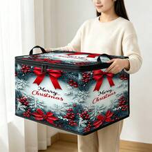 1PC Christmas Storage Box, Bow & Wreath & Christmas Ornament Print Fabric Storage Box With Zipper And Handle, Holiday Decoration Organizer, Suitable For Home Closet Bedroom, 2 Pattern Options - Multi-color - View 8