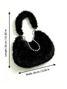 Black Faux Fur Crescent Shoulder Bag For Women, Fluffy Winter Handbag With Beaded Chain, Stylish Versatile Crossbody Bag - Black - View 4
