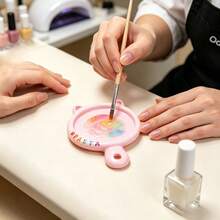 1pc 2-In-1 Cat Shaped Nail Art Palette & Brush Holder, Mini Nail Art Rhinestone & Pearl Storage Tray, Multi-Function Nail Gel Palette, Cute Doodle Watercolor Box - Multicolor - View 4