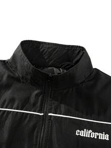 男士休閒寬鬆短版梭織飛行夾克，純色印花，春秋外套 - 黑色 - 查看 4
