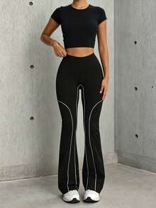 Hidkat Women's Solid Color High Waist Elastic Yoga Casual Sports Knit Long Pants - Black - View 3
