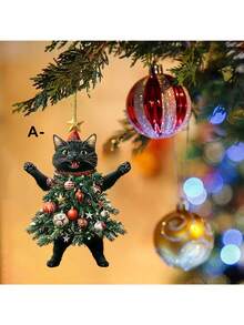 2pcs Christmas Acrylic Cat Ornaments, Flat Plastic Hanging Decor For Christmas Tree, Festive Pendants For Fireplace And Ceiling, Cute Cat In Christmas Tree Design, Suitable For Keychain, Bag And Car Rearview Mirror - Multiple Styles - View 7