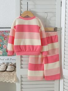 2pcs Baby Girl Sweet Energetic Style 3D Knitted Flower Decor Striped Crew Neck Long Sleeve Sweatshirt & Matching Straight Leg Pants Set, Spring/Autumn - Watermelon Pink - View 3