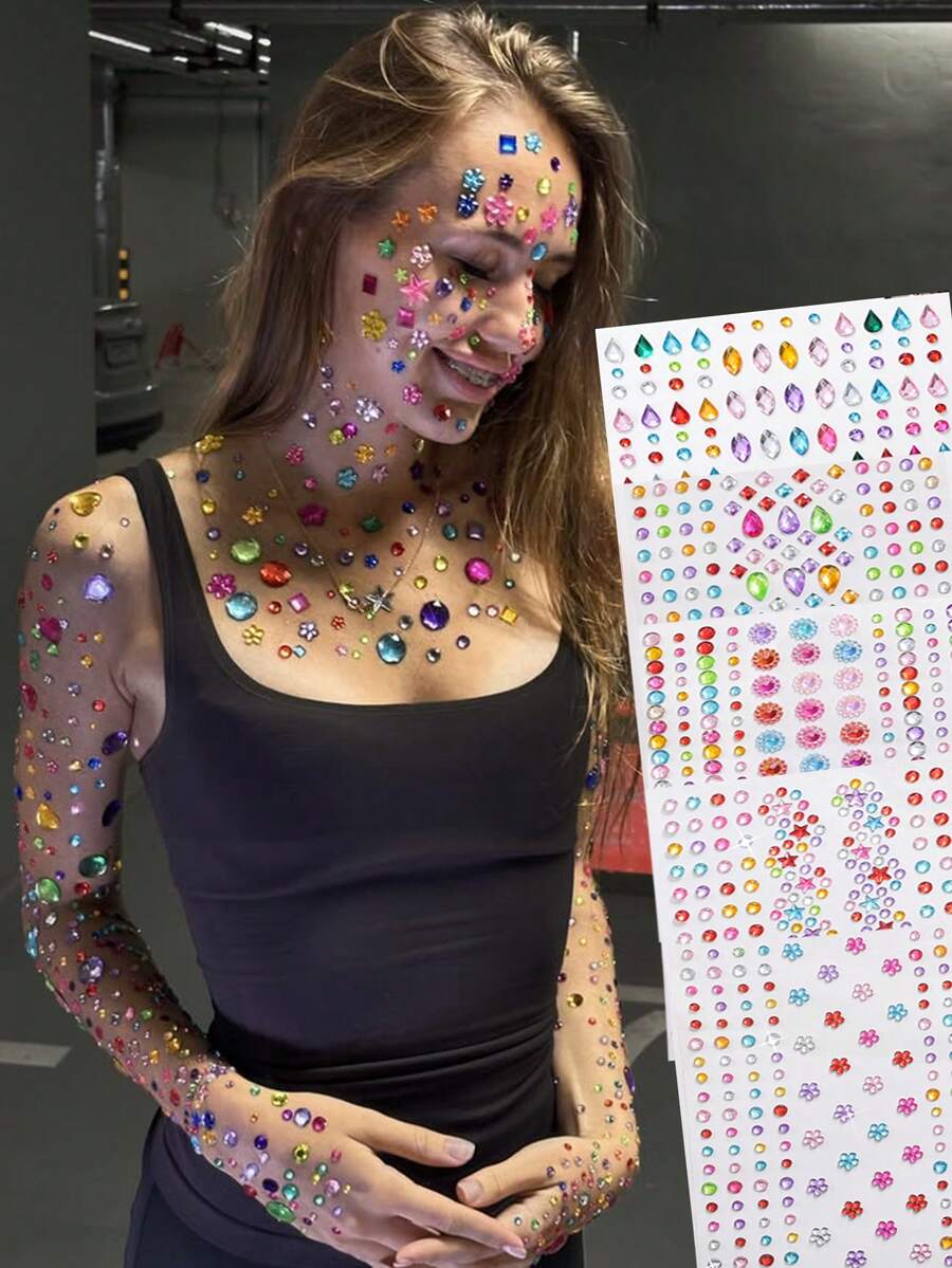 Approx. 700pcs/5sheets 3D Rainbow Rhinestone Face Gems Stickers, 5sheets Acrylic Sparkling Heart Star Stickers Self-Adhesive Diamonds Design For Makeup And Clothing, Multi-Color Rhinestone Face Gems Suitable For Valentine's Day, Holidays, Parties And Events
