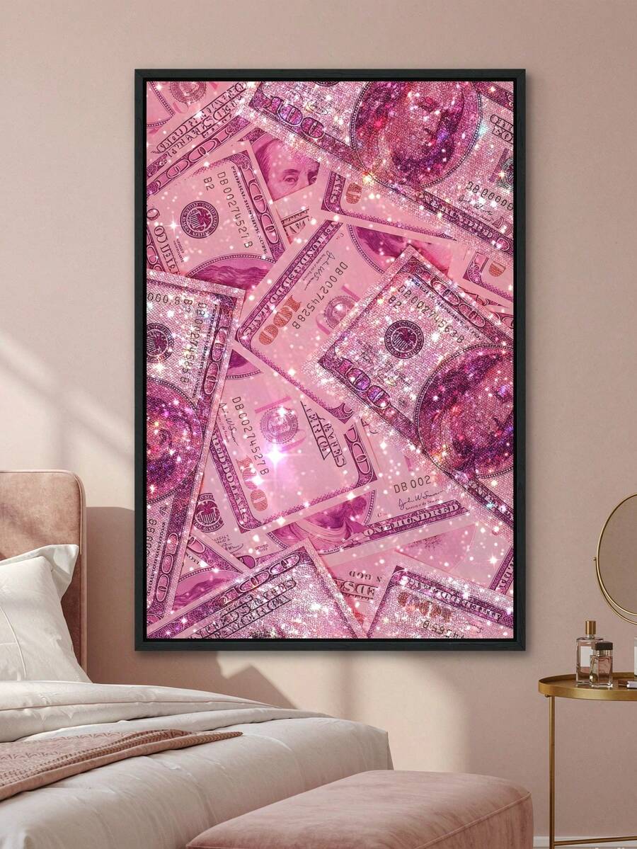 Shiny Pink Sequin Money Pattern Canvas Wall Art - Framed, 1.5 Inch Thick, Perfect For Bedroom And Living Room Decor, Unique Gift Choice, Framed Wall Art - Multicolor - View 1