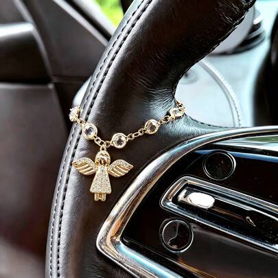 1pc Sparkling Rhinestone Pendant, Guardian Angel, Car Steering Wheel Decoration, Car Rearview Mirror Ornament, Sparkling Crystal Inlay, Fashionable Exquisite Elegant Car Interior Decor, Protecting Your Every Journey, Bag, Key Pendant