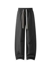 Blueprint Man 1pc Men's Black Wide Leg Long Pants, Elastic Waist With Adjustable Drawstring, Comfortable And Unrestricted, Side Pockets With Metal Rivet Detail, Solid Color Minimalist Style, Daily Commute, Casual Outings, Men's Long Pants - Black - View 5