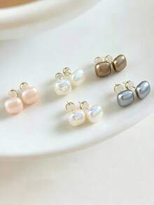 5 Pairs Minimalist Sweet White Gray Champagne Colorful Square Pearl Earrings, High-End Small Fashionable Versatile Earring Set Suitable For Children Girls Daily And Holiday Wear - 5-piece Pearl Set - View 1