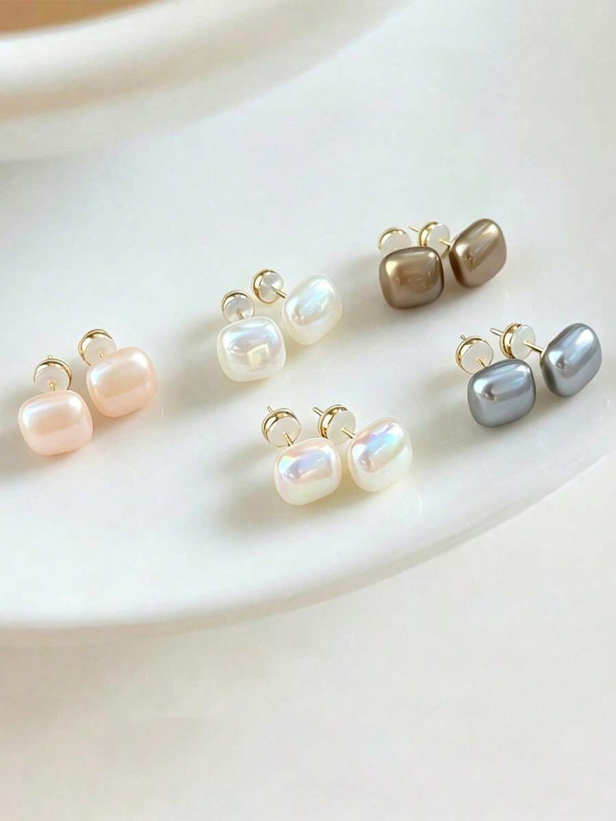 5 Pairs Minimalist Sweet White Gray Champagne Colorful Square Pearl Earrings, High-End Small Fashionable Versatile Earring Set Suitable For Children Girls Daily And Holiday Wear - 5-piece Pearl Set - View 1