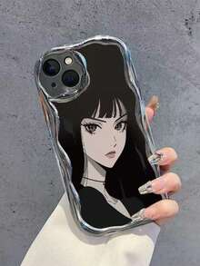 Wavy Edge Anime Girl Phone Case For IPhone 16/15/14 Pro Max/13/12 Soft Full Coverage - Black - View 3