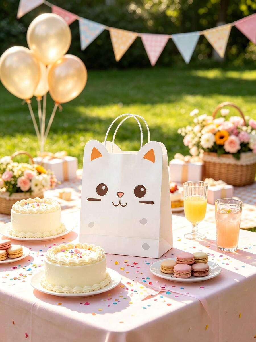10/20pcs Cat Paper Gift Bags White Cartoon Kitty Treat Goodie Bags, Party Favor Bags For Kids Birthday, Baby Shower, Animal Theme Party Decorations - Multicolor - View 1
