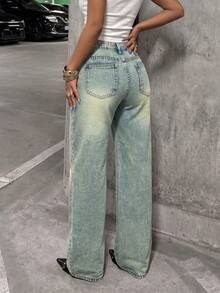 Mid-To-High Waist Distressed Washed Rhinestone Wide Leg Denim Jeans, Women's Vintage Loose Drapey Floor-Length Pants, Street Fashion Style - Nostalgic Color - View 4