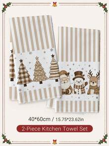 2pcs Christmas Brown Striped Christmas Tree & Snowman Pattern Kitchen Towels, Soft Polyester Material Dish Cloths, Suitable For Kitchen Decor, Kitchen Cleaning, Holiday Party Decoration, Kitchen & Bathroom Supplies Home Essentials, Home Decor, Housewarming Gift - Multicolor - View 8