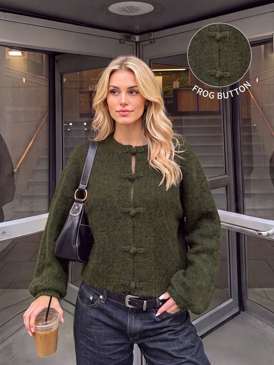 Nicenter Women's Autumn/Winter Warm Wool Blend Fuzzy Knit Round Neck Frog Button Loose Short Cardigan Sweater Top - Army Green - View 1