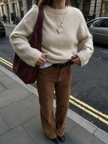 FOR BEAUTY Autumn/Winter New Soft Style Long Sleeve Round Neck Knit Sweater, Korean Sweet Street Style Casual Loose Pullover Fall - Beige - View 1
