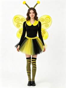 4pcs Cute Bee Costume Set: Bee Striped Dress + Headband + Bee Wings + Striped Socks, Perfect For Carnival, Festivals, Parties And Role Play, Halloween Cosplay - Multicolor - View 5