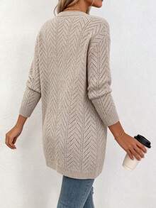 Plus Size Women's V-Neck Open Front Mid-Length Loose Knit Cardigan, Long Sleeve With Hollow-Out Jacquard Texture, Buttonless, Gray, Casual Minimalist Everyday Commute Autumn/Winter Outerwear For Dating - Khaki - View 6