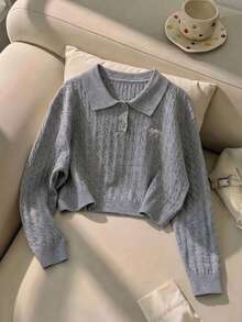 Sweater Rajut Pendek Warna Polos Gaya Preppy untuk Anak Perempuan Remaja, Dilengkapi Bordir Pita, Pullover Rajut, Lengan Panjang, Cocok untuk Pakaian Sehari-hari di Sekolah pada Musim Semi, Gugur, dan Dingin - Grey - View 2