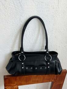 Small Niche Atmosphere, Fashionable Solid Color Rivet Eye Shoulder Bag, Simple And Atmospheric Street Style Texture Handbag, Suitable For Commuting - Black - View 13