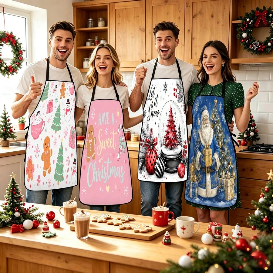 4pcs Christmas, Santa Claus, Bell, Snowflake, Reindeer, Christmas Tree, Snowman, Penguin, Gingerbread Man, Nutcracker, Christmas Animal Pattern Aprons, Suitable For Home Decor And Kitchen Use. Designed As Sleeveless Style, Perfect For Home Kitchen, Outdoor BBQ Cooking. This Printed Apron Is Unisex, Machine Washable And Reusable, An Essential Kitchen Item And Top Choice For Christmas Gift. - Multicolor - View 1