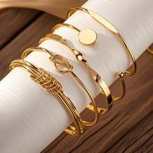 5pcs/Set European And American Minimalist Chain Bracelet, Fashion Gold Mixed Open Knot Bangle Hand Jewelry Suitable For Wedding, Party, Music Festival, Holiday Wear - Yellow Gold - View 3