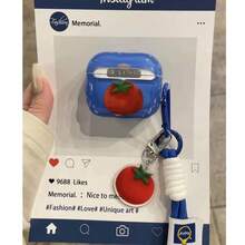 Cute Tomato Decor Wavy Edge Earbud Case, Blue Soft Silicone Shock‑Absorbing Protective Cover With Tomato Charm Braided Lanyard Accessory 1/2/3/4/Pro/Pro2(Nd)/Pro(3rd) - Blue - View 8