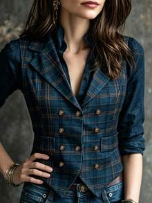 Women's Vintage Plaid Double Breasted Vest For Autumn Winter Sleeveless Lapel Jacket Fall Casual Western Going Out Tops - Navy Blue - View 5