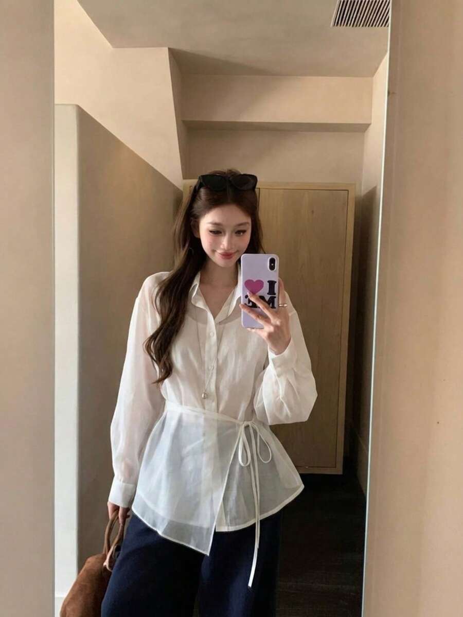 YCYC Korean Chic Design Set 2 Potong Kemeja Lengan Panjang Kerah Kancing Asimetris untuk Wanita Minimalis - Putih - View 1