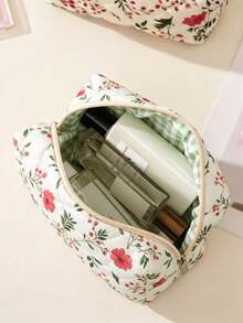 Quilted Floral Hair Dryer Storage Bag, Cute Solid Color Fluffy Makeup Bag, Internal Compartment Fixed Design, Curling Iron Storage Bag, Hair Clip Storage Bag, Makeup Bag, Jewelry Storage Bag, Travel Zipper Small Bag, Multi-Functional Storage Bag With Handle, Hair Dryer Holder, Hair Styling Tool Storage Bag, Styling Tool Bag, Portable Travel Storage Bag, Suitable For Cosmetics, Skincare Products, Curling Irons - Rose-red Flowers - View 3