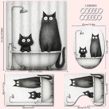 1 Set Cartoon Cat Pattern Shower Curtain, Waterproof Polyester Material, Modern Minimalist Style Home Decor Shower Curtain Set, Toilet Lid Cover, U-Shaped Mat, Anti-Slip Bath Mat, With 12 Hooks Back To School Bathroom Decor - Multicolor - View 17