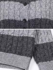 Wixra Women Round Neck Color Block Stripe Cable Knit Cardigan Long Sleeve Button Down Loose Short Knit Jacket - Grey - View 6