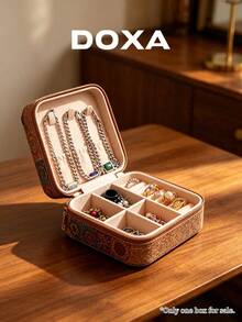 DOXA Vintage Print Portable Jewelry Box, Travel Zipper Jewellery Storage Case, Compact Display Organizer For Rings Necklaces Earrings - Brown 4 - View 6