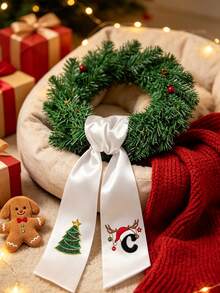 A-Z Letter Print Satin Wreath Sash, Long Decorative Ribbon With Christmas Tree, Santa Hat & Reindeer Antlers Pattern, Home Front Door Wreath Accessory, Holiday Gift Box Bow Ribbon, Christmas Party Home Decor, Gift For Family, Friends, Sisters, Holiday Gift, Back To School, Party Gift (Ribbon Only, Wreath Not Included) - Multicolor - View 8