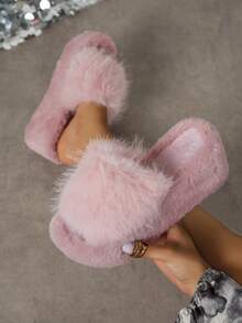 2026 New Women Fluffy Fuzzy Platform Slippers Open Toe Thick Sole Plush Slide Sandals For Indoor Outdoor - Pink - View 1