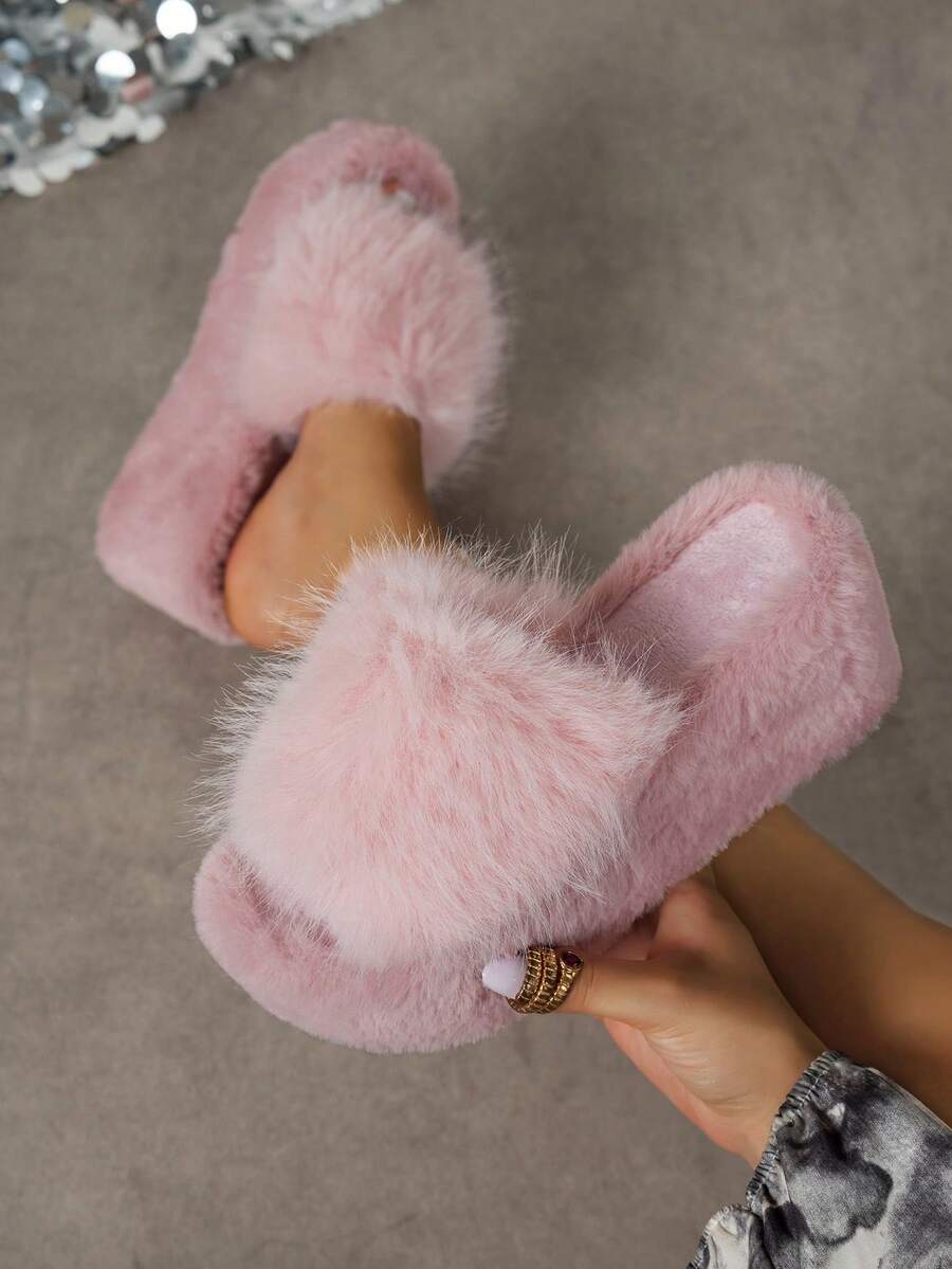2026 New Women Fluffy Fuzzy Platform Slippers Open Toe Thick Sole Plush Slide Sandals For Indoor Outdoor - Pink - View 1