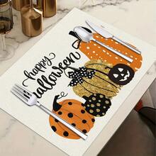 1/4/6pcs Autumn Series Polka Dot Pumpkin Pattern Printed Placemats, Heat-Resistant Table Mat For Home Kitchen, Table Protection, Kitchen Dining Table, Party Scene Decoration - Multicolor - View 12