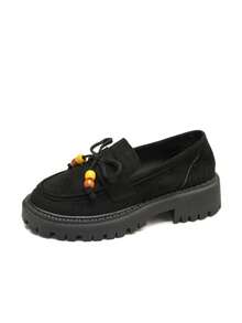 Contrast Color Wooden Bead Bowknot Lace-Up Suede Solid Color Retro Loafers Thick Platform Serrated Sole Slip-On Wedge Heel Shoes Fashion Versatile - Black - View 7